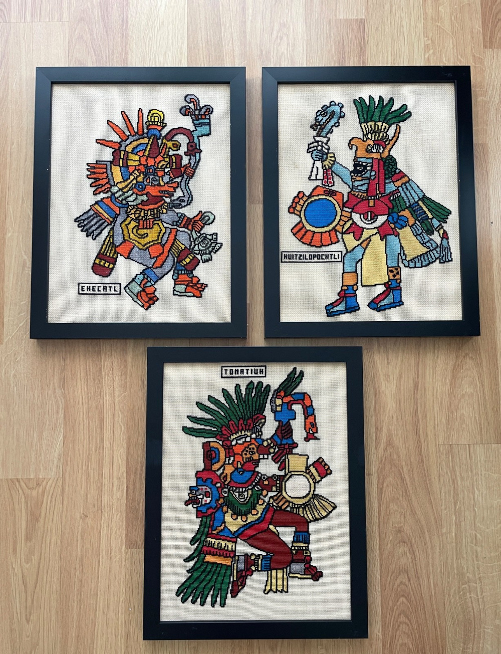 Vintage Aztec Gods Cross Stitch Needlepoint Art Framed Ehecatl Tonatiuh Set 3